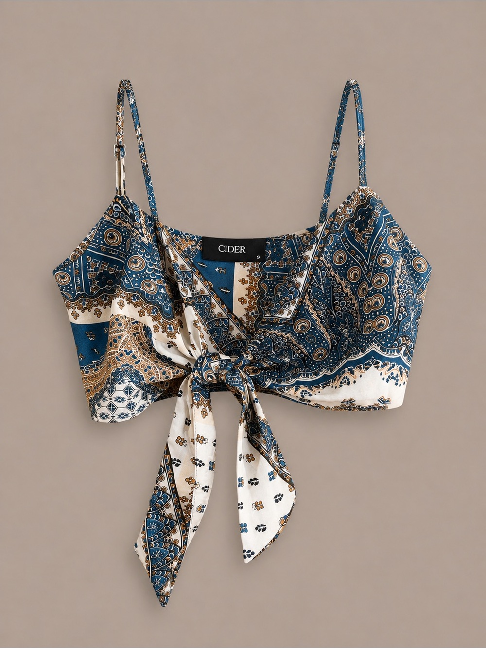 Cider Blue and Cream Paisley Tie-Front Cami